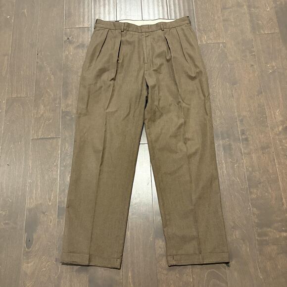Polo Ralph Lauren Pants Mens 36x32 Brown Pleated Cuffed Dress Cotton Micro Check - Picture 1 of 14
